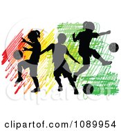 Three Silhouetted Children Playing Soccer Over Colorful Scribbles