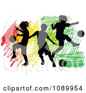 Poster, Art Print Of Three Silhouetted Children Playing Soccer Over Colorful Scribbles