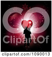 Poster, Art Print Of Silhouetted Valentines Day Couple With A Heart Lights And Vines On Red