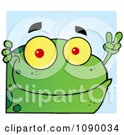Clipart Green Peaceful Frog Looking Around A Corner Royalty Free Vector Illustration