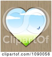 Heart Through Wood With A Blue Butterfly And Spring Time Landscape