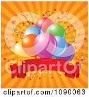 Poster, Art Print Of Confetti And Party Balloons With A Red Banner Over Orange Rays