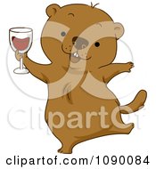 Happy Groundhog Celebrating With Red Wine