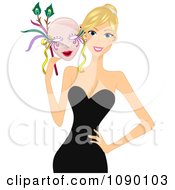 Blond Woman Holding A Mardi Gras Mask