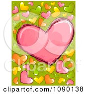 Background Of Colorful Doodled Hearts On Green