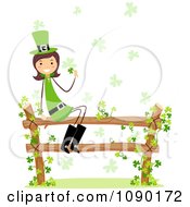 Poster, Art Print Of Female St Patricks Day Leprechaun Sitting On A Fence With Clover Vines