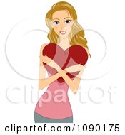 Clipart Young Blond Woman Hugging A Valentines Day Heart Pillow Royalty Free Vector Illustration by BNP Design Studio