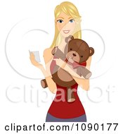 Poster, Art Print Of Happy Woman Holding A Valentine Card And Teddy Bear