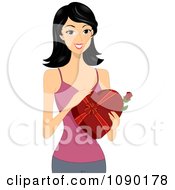 Clipart Young Asian Woman Holding A Rose And Valentine Chocolate Box Royalty Free Vector Illustration