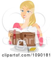 Blond College Student Woman Reading A Dictionary