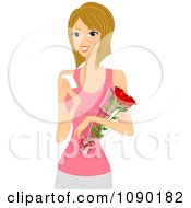 Clipart Happy Woman Holding Roses And Reading A Note Royalty Free Vector Illustration