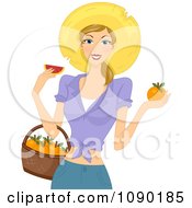 Poster, Art Print Of Summer Woman Holding A Basket And Eating A Fresh Grapefruit