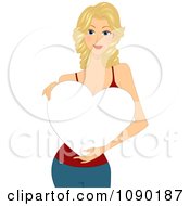 Clipart Blond Woman Holding A Blank White Heart Royalty Free Vector Illustration