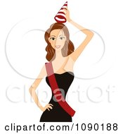 Poster, Art Print Of Brunette Woman Celebrating With A Party Hat Black Dress And Sash