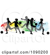 Silhouetted Children Playing Soccer Over Colorful Scribbles