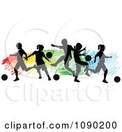 Poster, Art Print Of Silhouetted Children Playing Soccer Over Colorful Scribbles