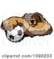 Soccer Bear Mascot Resting One Paw On A Ball