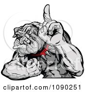 Clipart Strong Bulldog Mascot Champion Flexing And Holding A Finger Up Royalty Free Vector Illustration by Chromaco