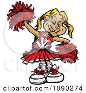 Blond Cheerleader Girl With Red Pom Poms