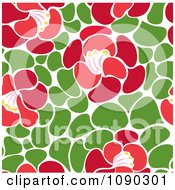 Poster, Art Print Of Seamless Green Leaf And Red Blossom Floral Pattern