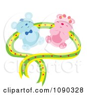 Poster, Art Print Of Teddy Bear Couple With A Green And Yellow Heart Ribbon