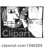 Clipart Girl Painting A Face And Stars Black And White Woodcut Royalty Free Vector Illustration