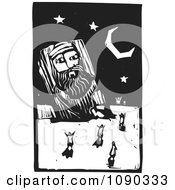 Poster, Art Print Of People Dancing Around A Giant Statue Under The Stars Black And White Woodcut