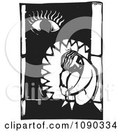 Poster, Art Print Of Sad Person Curled Up In A Window With An Eye Black And White Woodcut