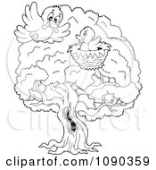 Poster, Art Print Of Outlined Birds In A Tree Nest One Delivering A Worm