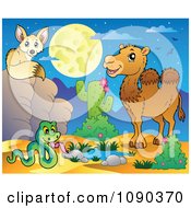 Poster, Art Print Of Desert Fox Snake And Camel By A Watering Hole At Night