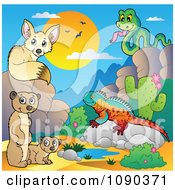 Poster, Art Print Of Desert Fox Snake Meerkats And Lizard By A Watering Hole