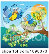 Poster, Art Print Of Blue Bird Delivering A Worm To A Young One In A Tree Nest