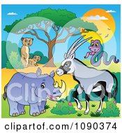 Poster, Art Print Of Meerkats Rhino Gazelle And Snake Savannah Animals