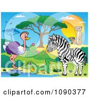 Poster, Art Print Of Crocodile Ostrich Zebra And Meerkat Watering Hole Savannah Animals