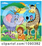 Poster, Art Print Of Squirting Elephant Parrot Giraffe Lion And Snake Savannah Animals