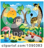 Poster, Art Print Of African Animals A Flamingo Monkey Lizard And Giraffe By A Pond