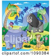 Poster, Art Print Of African Animals A Gorilla Rhino And Meerkats By A Pond