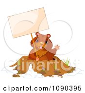 Cute Groundhog Waving And Holding A Sign Over His Den