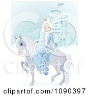 Princess On Her Horse By A Blue Castle In A Winter Landscape
