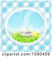 3d Easter Eggs And Grass In An Oval Over Blue Gingham