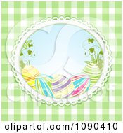 3d Easter Eggs And Grass In An Oval Over Green Gingham