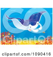 Poster, Art Print Of Blue Mantaa Ray Swimming Over Corals With A Shrimp