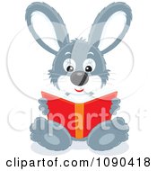 Poster, Art Print Of Cute Gray Rabbit Sitting And Reading A Book