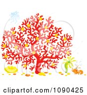 Clipart Jelly Fish Over A Red Coral Tree With An Anemone Flower And Shrimp Royalty Free Vector Illustration