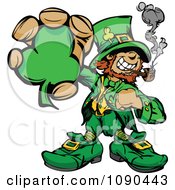 Leprechaun Mascot Smoking A Pipe And Holding A Clover