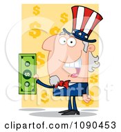 Poster, Art Print Of Uncle Sam Holding Cash Over Yellow Dollar Symbols