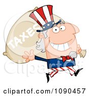 Waving Uncle Sam Carrying A Taxes Sack