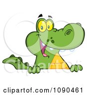 Poster, Art Print Of Friendly Alligator Smiling Over A Sign Board