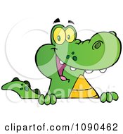 Poster, Art Print Of Happy Alligator Smiling Over A Sign Board