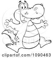 Clipart Outlined Excited Alligator Jumping Royalty Free Vector Illustration by Hit Toon